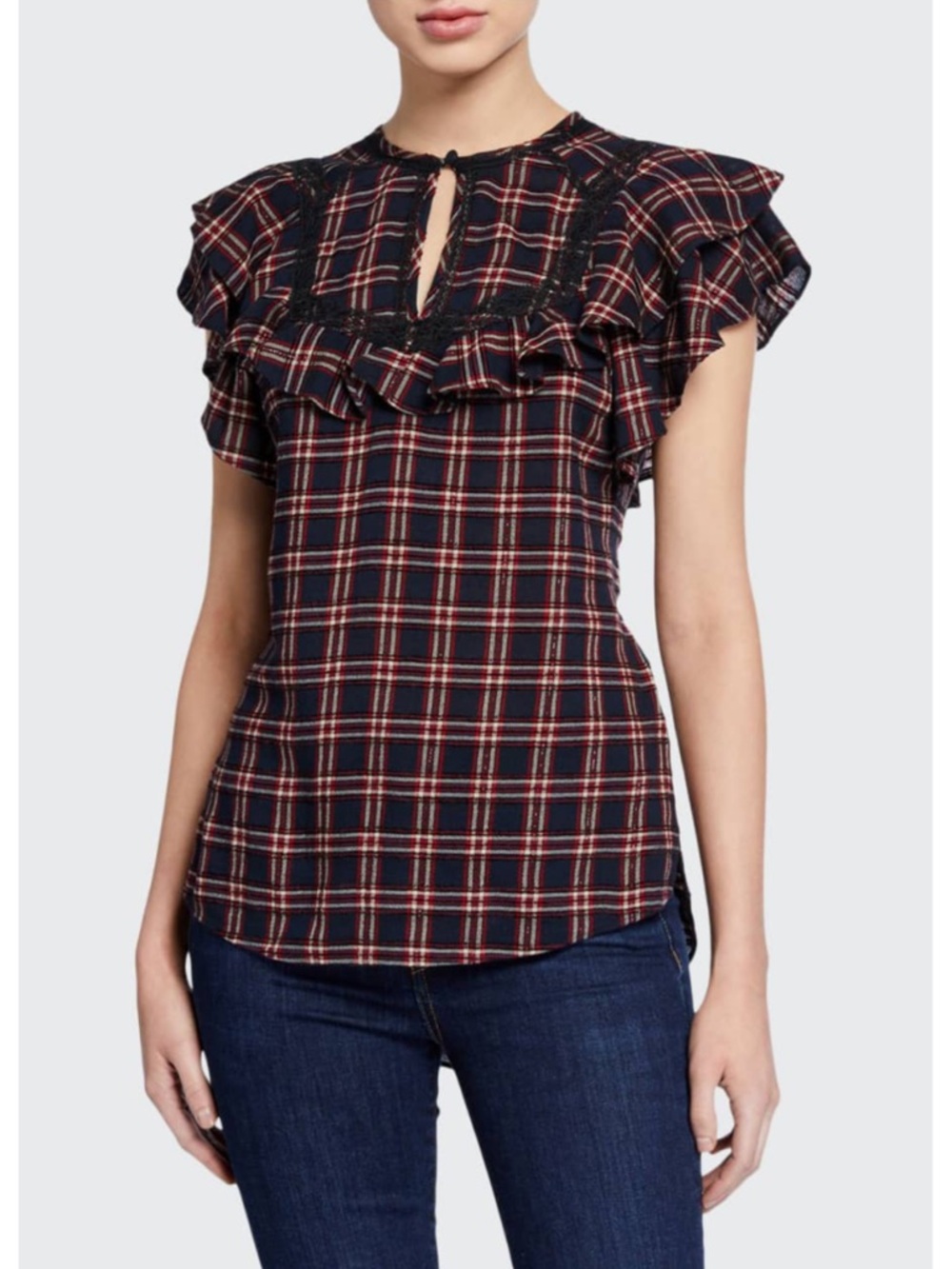 Veronica Beard Black & Burgundy Lace insert plaid Ruffle Cap Sleeve top size 2
